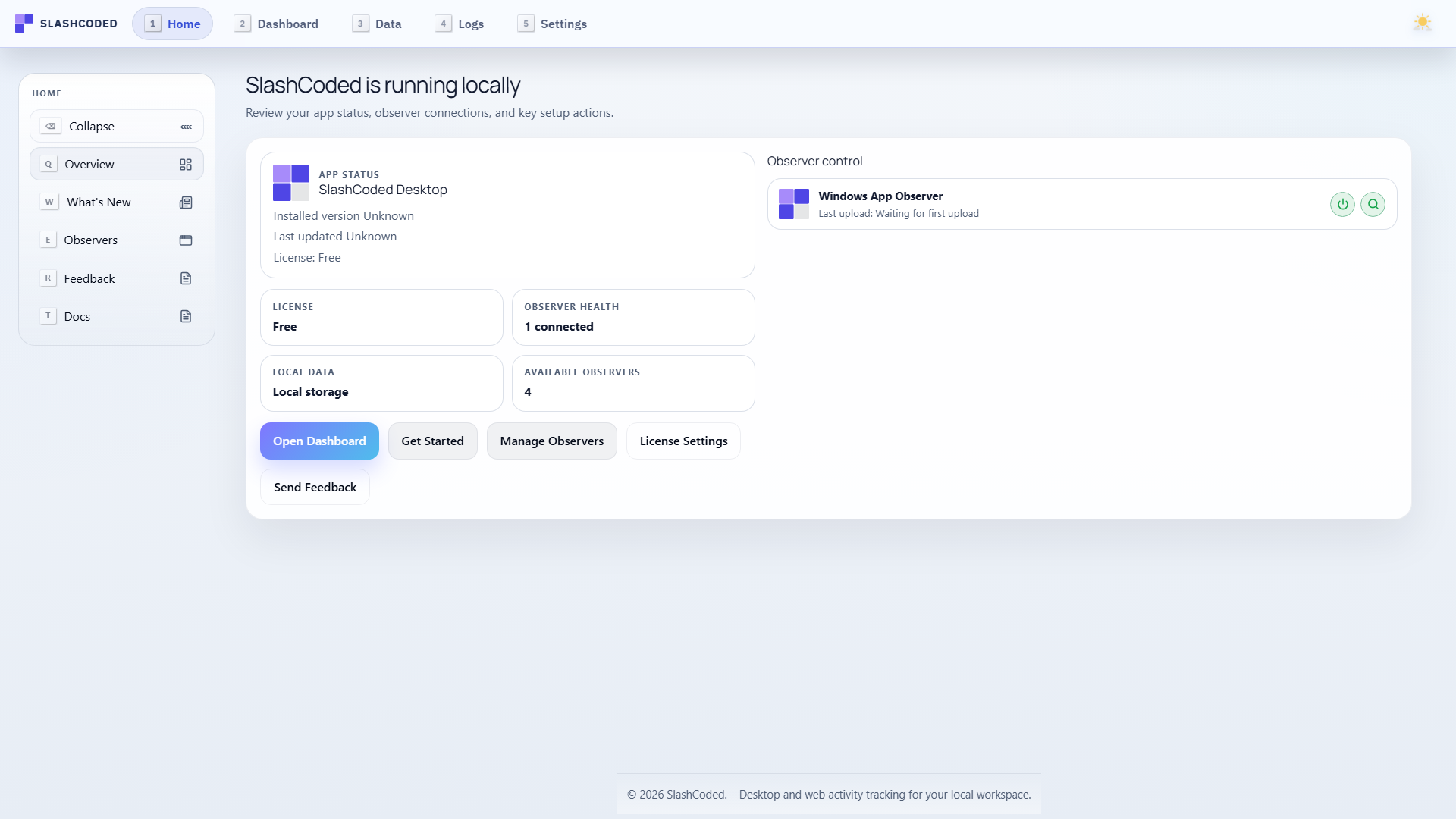 SlashCoded Desktop showing local app status, observer controls, and local storage